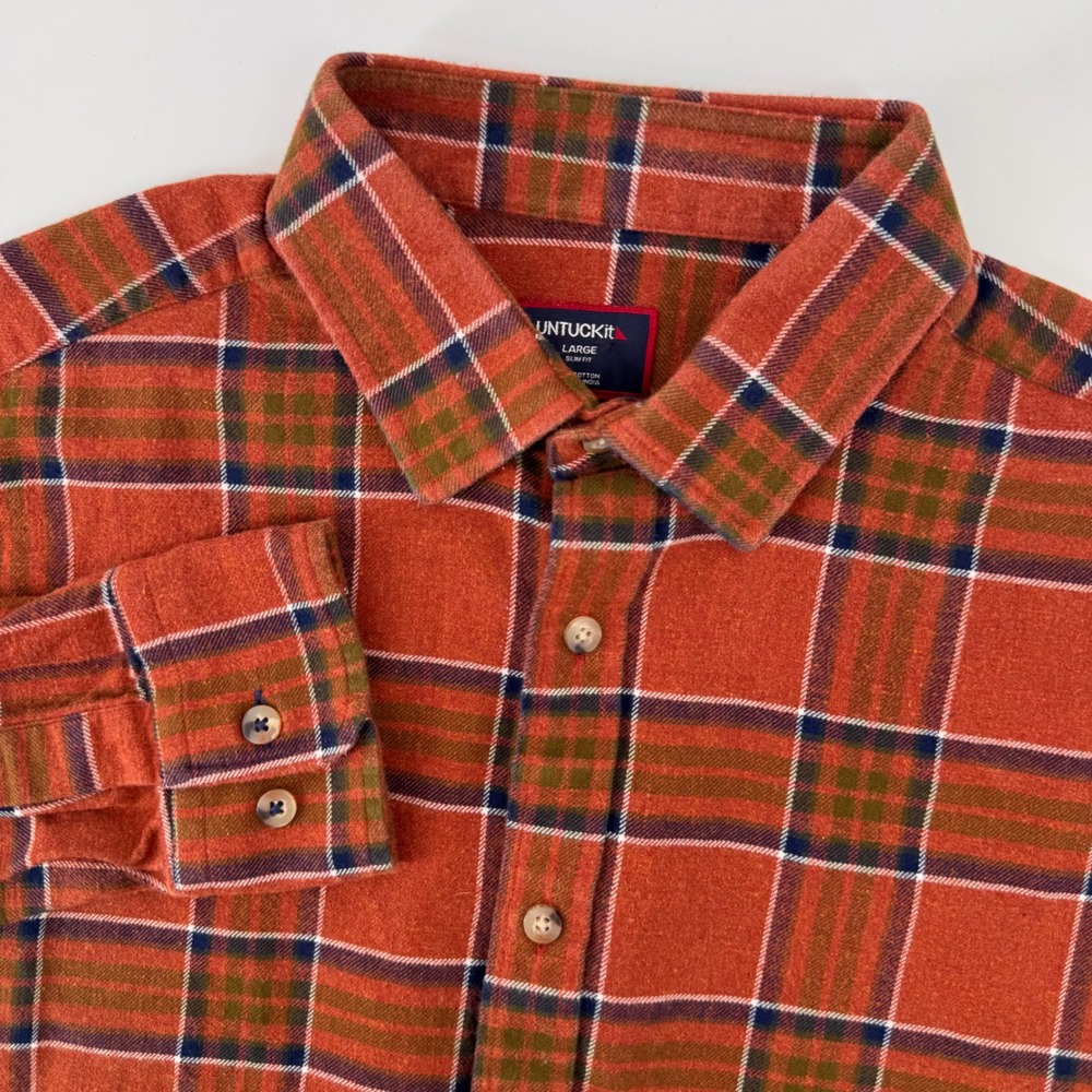 UNTUCKit Regner Flannel Shirt Mens Large Orange Plaid Slim Fit 41635 Cotton